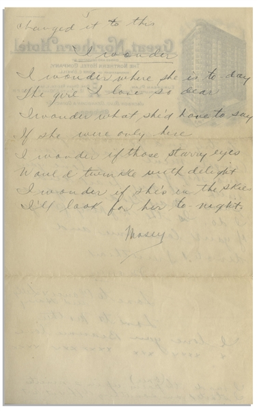 Moe Howard Handwritten Poem & Partial Letter Twice-Signed ''Mosey'' to Helen, Circa 1924 -- 2pp. on 6'' x 9.5'' Sheet of Chicago Hotel Stationery -- Very Good